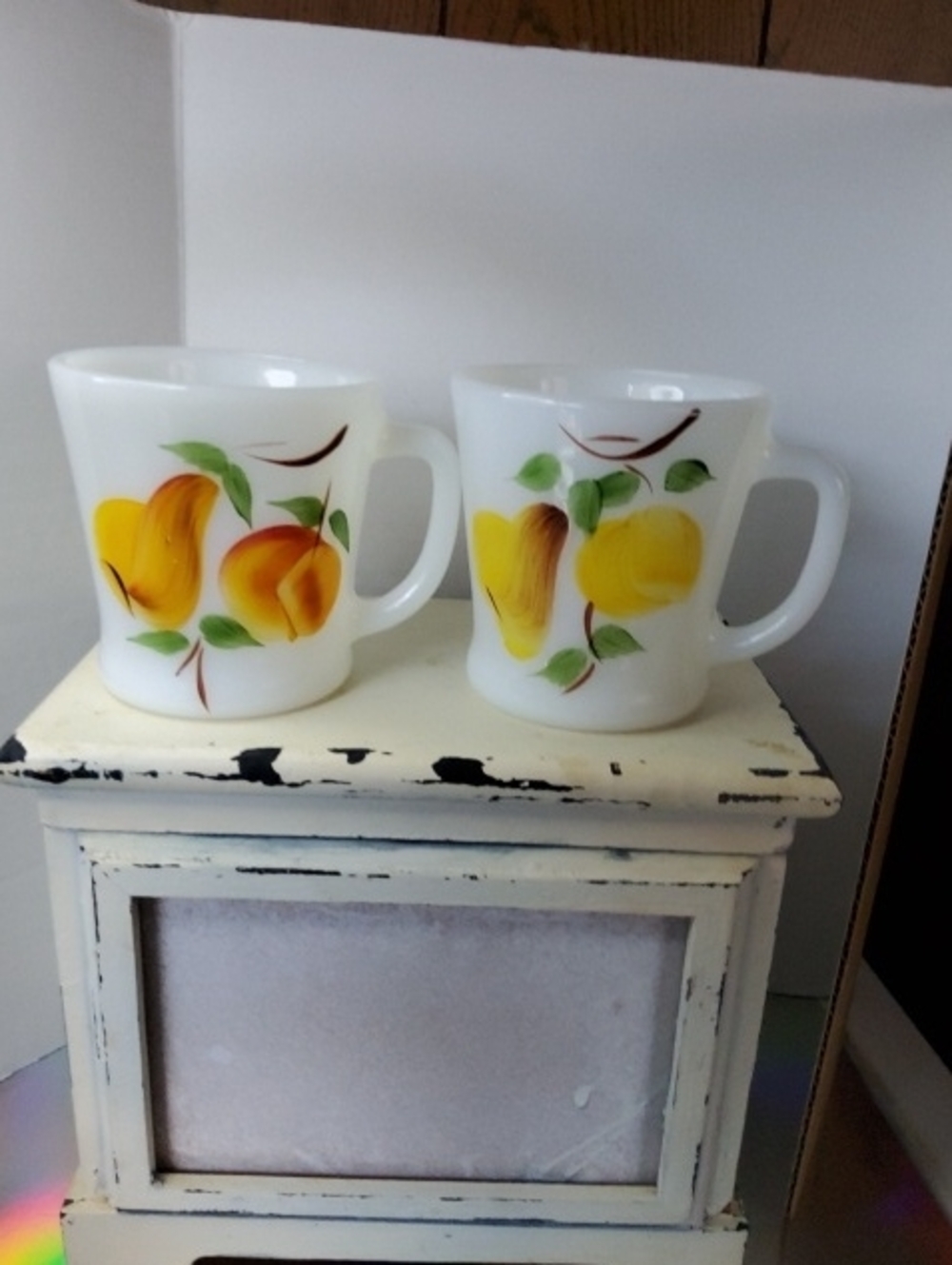 Fire-king Gay Fad Milk Glass Coffee Mugs.